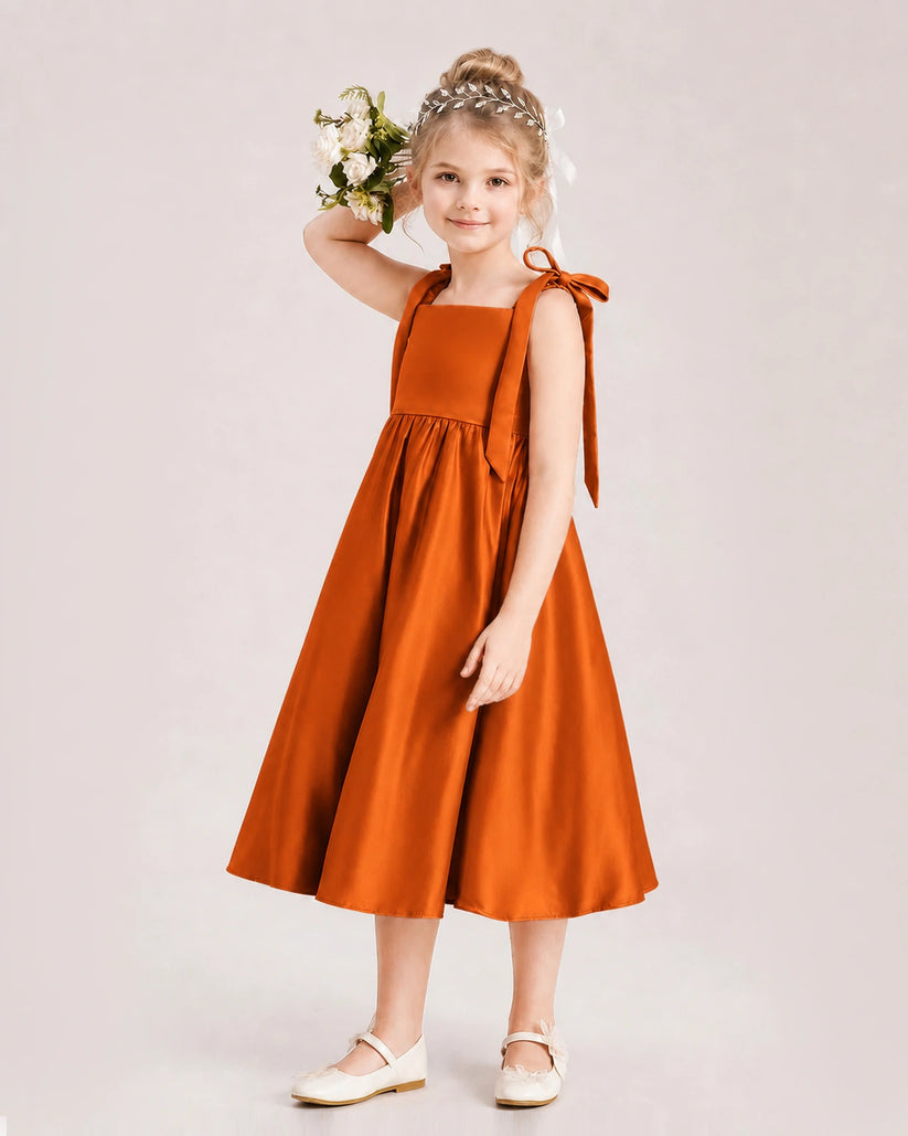 Burnt Orange Satin A-line Girls Formal Dress Front View