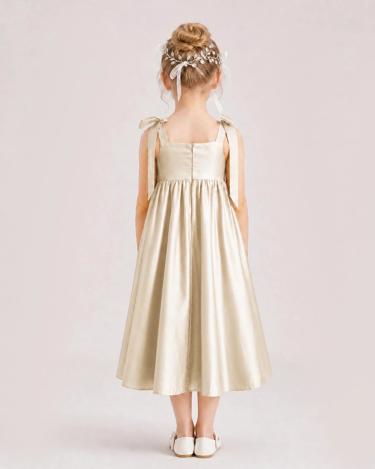 Champagne Flower Girl Dress Satin Midi Spaghetti Strap Gown Back View