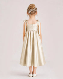 Champagne Flower Girl Dress Satin Midi Spaghetti Strap Gown Back View