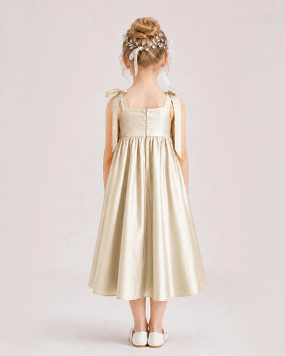 Champagne Flower Girl Dress Satin Midi Spaghetti Strap Gown Back View