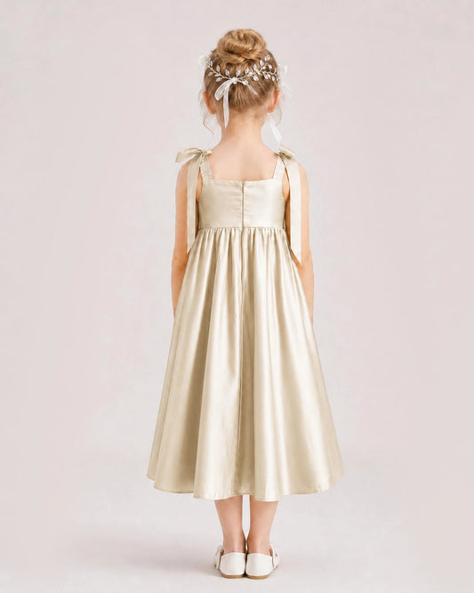 Champagne Satin A-line Girls Formal Dress Back View