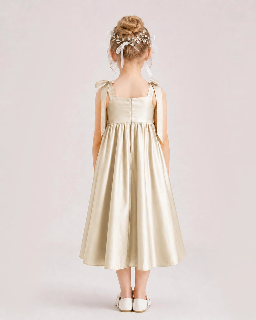 Champagne Satin A-line Girls Formal Dress Back View