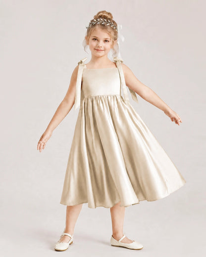 Champagne Flower Girl Dress Satin Midi Spaghetti Strap Gown Front View