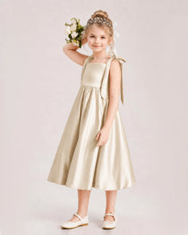 Champagne Flower Girl Dress Satin Midi Spaghetti Strap Gown Side View