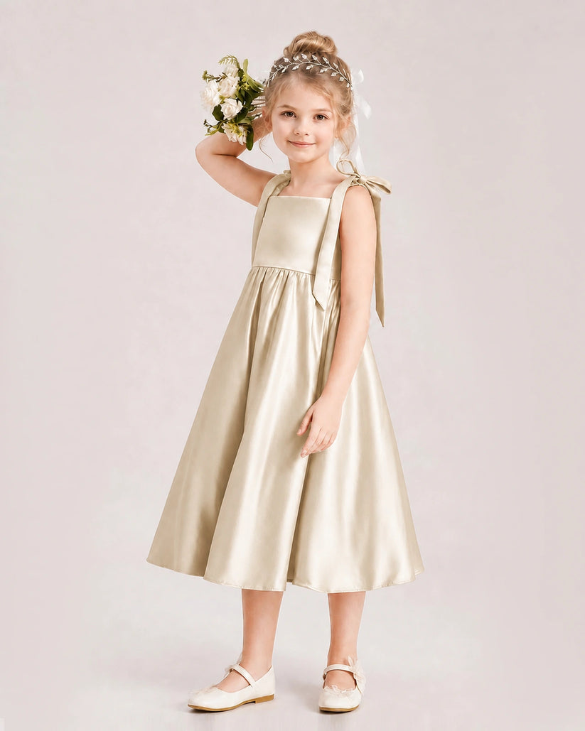 Champagne Satin A-line Girls Formal Dress Front View