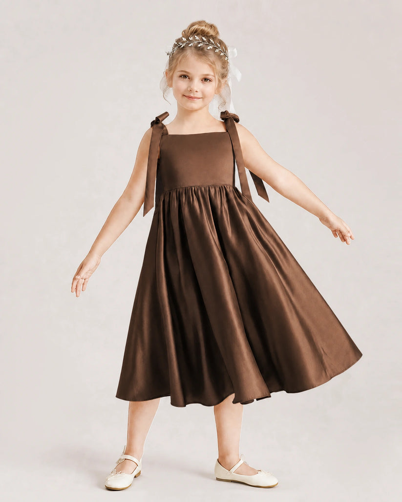 Chocolate Satin A-line Girls Formal Dress Front View