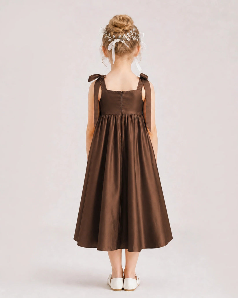 Chocolate Satin A-line Girls Formal Dress Back View