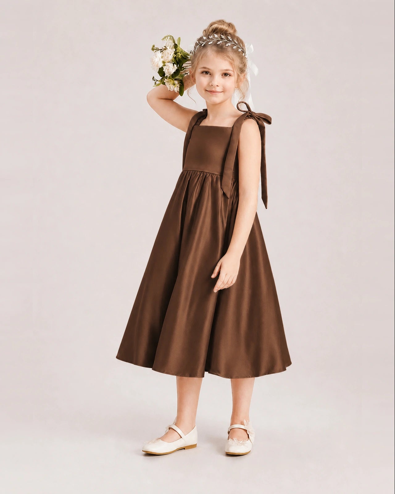 Chocolate Flower Girl Dress Satin Midi Spaghetti Strap Gown Side View