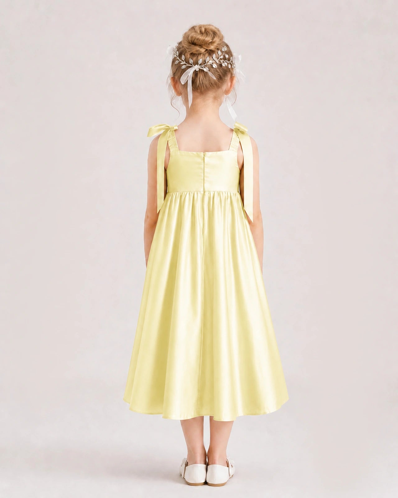 Daffodil Flower Girl Dress Satin Midi Spaghetti Strap Gown Front View