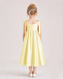 Daffodil Flower Girl Dress Satin Midi Spaghetti Strap Gown Front View