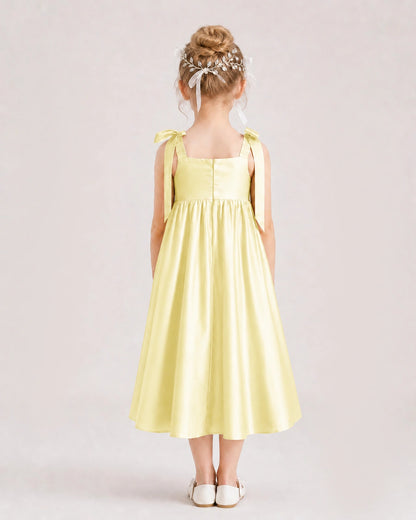 Daffodil Flower Girl Dress Satin Midi Spaghetti Strap Gown Front View