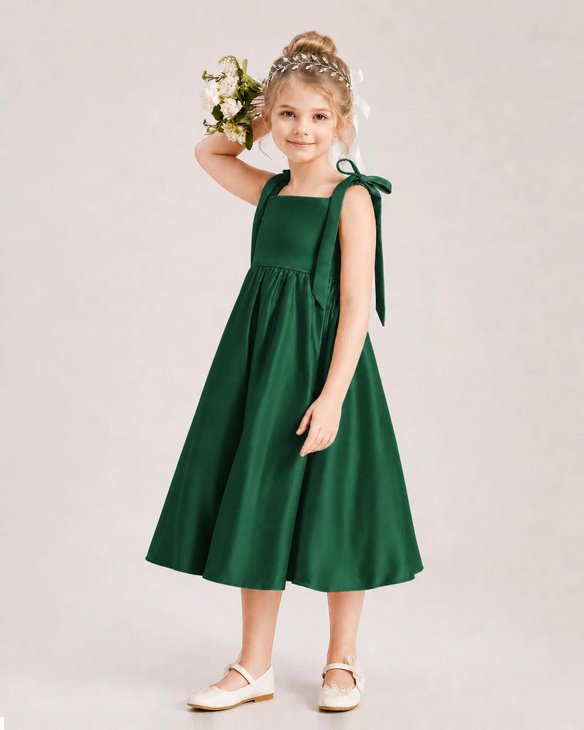 Dark Green Satin A-line Girls Formal Dress Front View