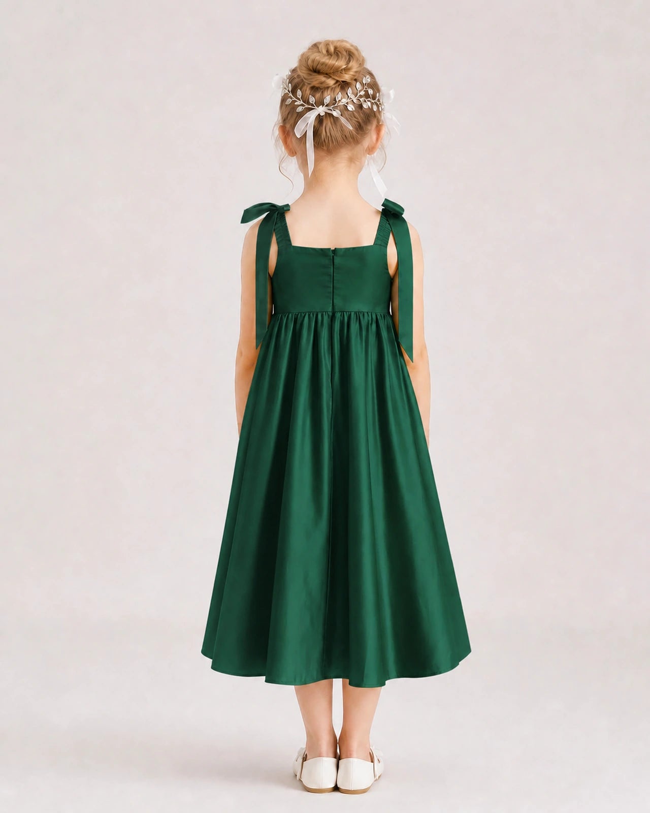 Dark Green Flower Girl Dress Satin Midi Spaghetti Strap Gown Back View