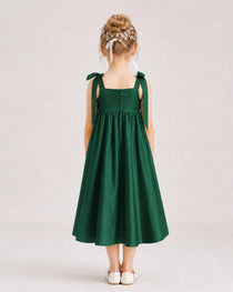 Dark Green Flower Girl Dress Satin Midi Spaghetti Strap Gown Back View