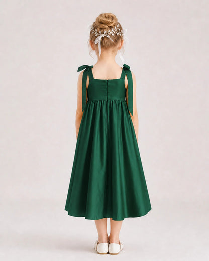 Dark Green Flower Girl Dress Satin Midi Spaghetti Strap Gown Back View