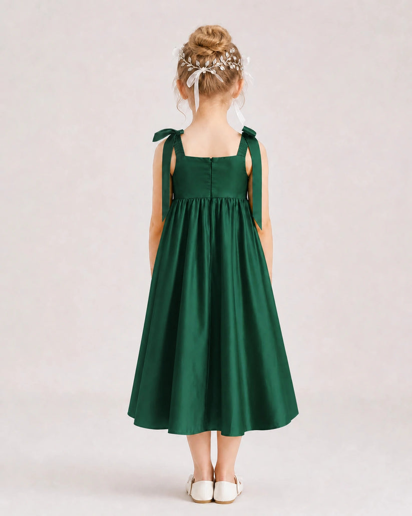 Dark Green Satin A-line Girls Formal Dress Back View