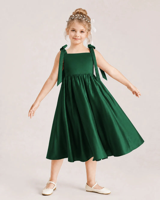 Dark Green Satin A-line Girls Formal Dress Front View