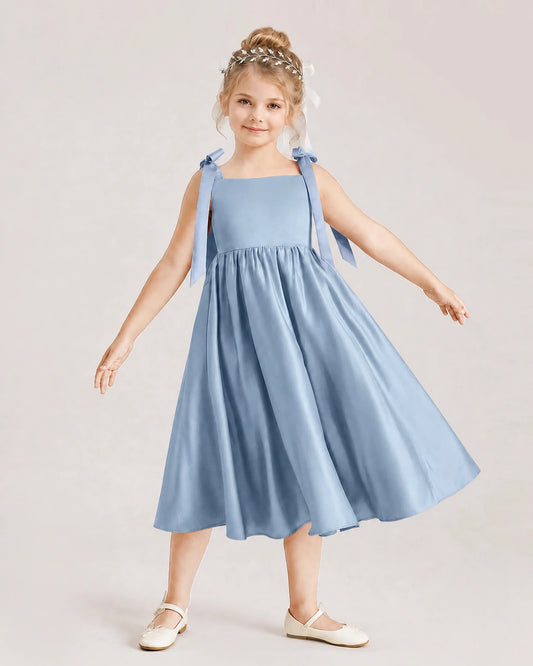 Dusty Blue Satin A-line Girls Formal Dress Front View