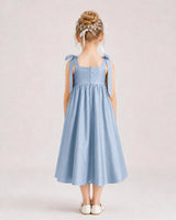 Dusty Blue Satin A-line Girls Formal Dress Back View