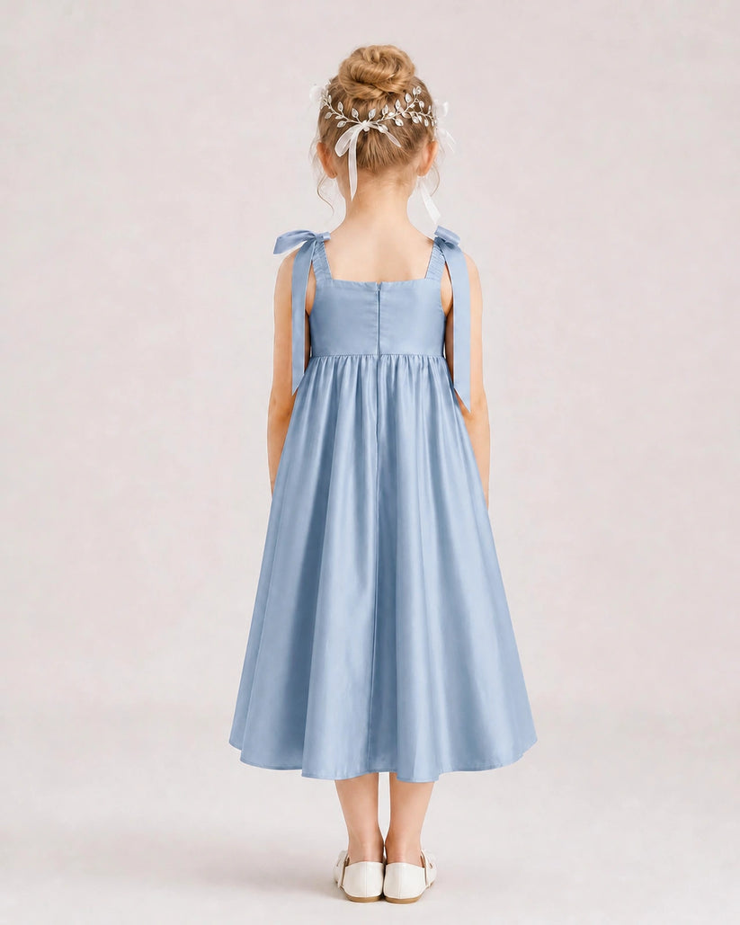 Dusty Blue Satin A-line Girls Formal Dress Back View
