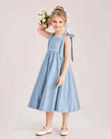 Dusty Blue Satin A-line Girls Formal Dress Front View