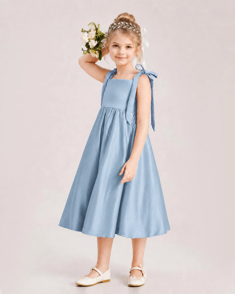Dusty Blue Satin A-line Girls Formal Dress Front View