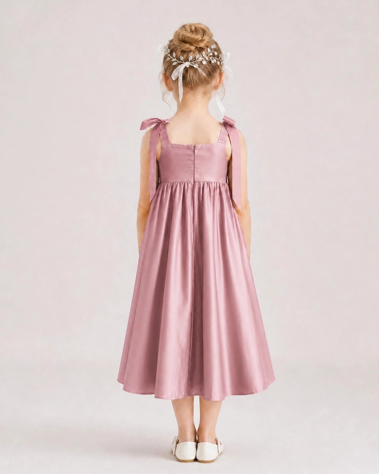 Dusty Rose Flower Girl Dress Satin Midi Spaghetti Strap Gown Back View