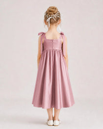 Dusty Rose Flower Girl Dress Satin Midi Spaghetti Strap Gown Back View