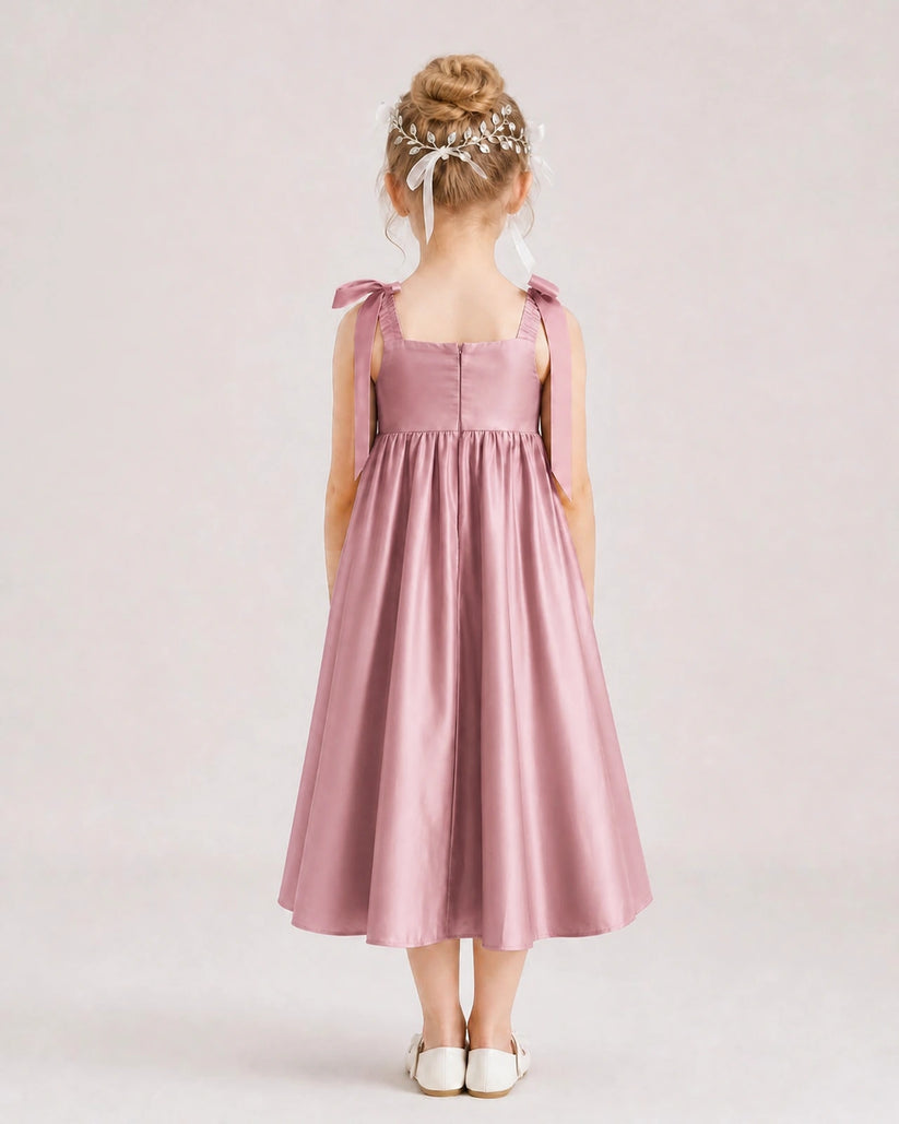 Dusty Rose Satin A-line Girls Formal Dress Back View