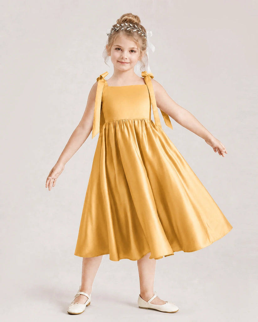 Gold Satin A-line Girls Formal Dress Front View