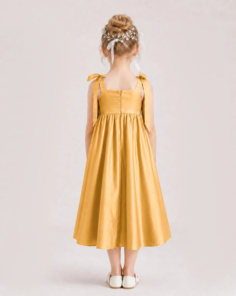 Gold Satin A-line Girls Formal Dress Back View