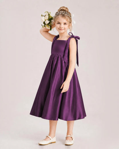Grape Flower Girl Dress Satin Midi Spaghetti Strap Gown Side View