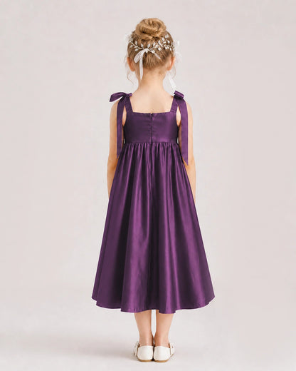 Grape Flower Girl Dress Satin Midi Spaghetti Strap Gown Back View