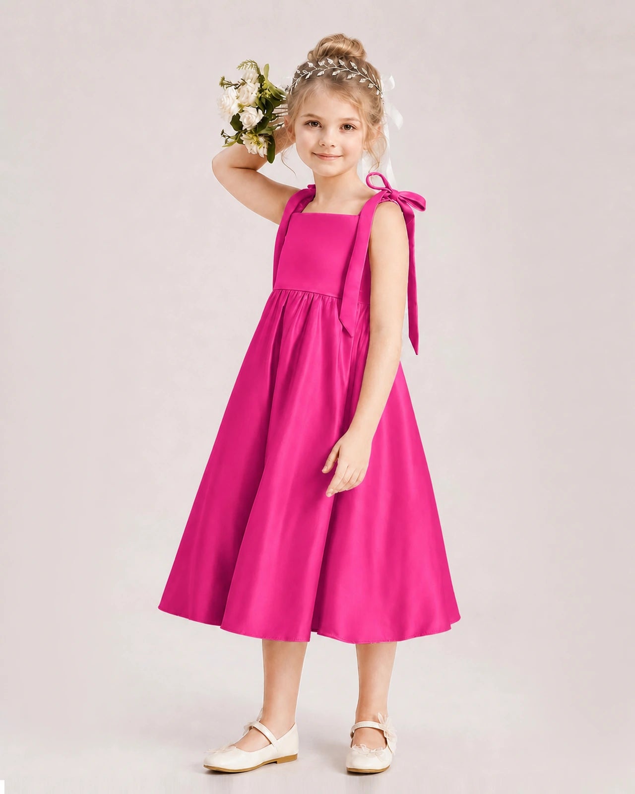 Hot Pink Flower Girl Dress Satin Midi Spaghetti Strap Gown Side View
