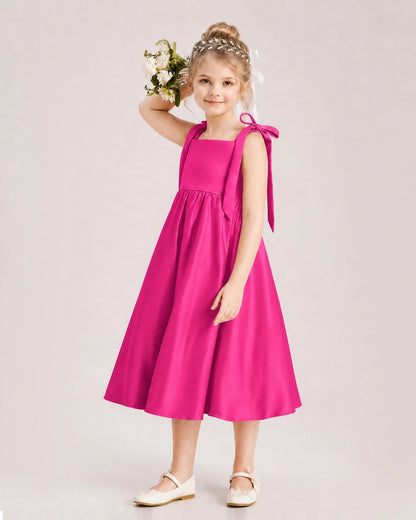 Hot Pink Flower Girl Dress Satin Midi Spaghetti Strap Gown Side View