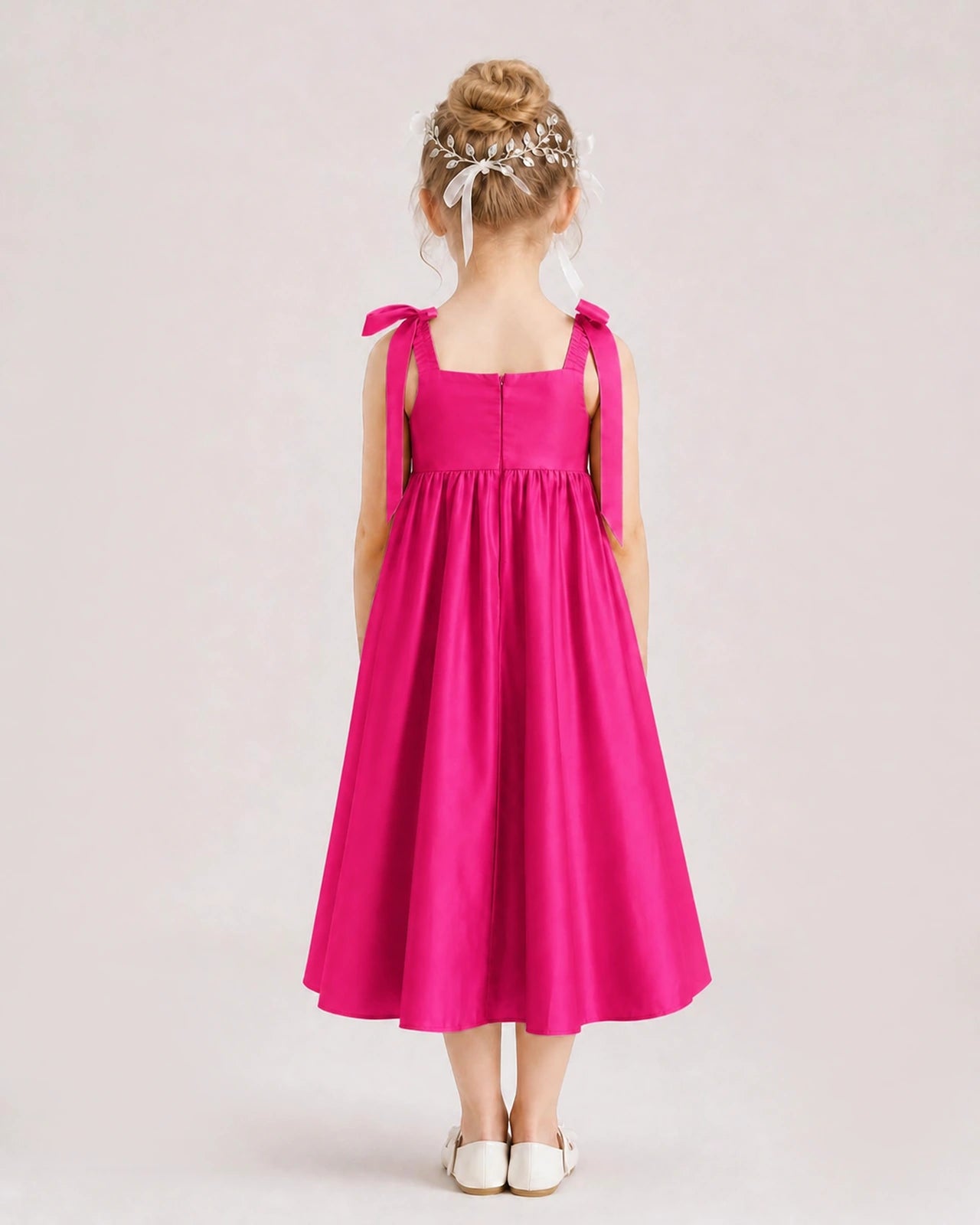 Hot Pink Flower Girl Dress Satin Midi Spaghetti Strap Gown Back View