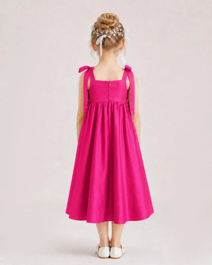 Hot Pink Flower Girl Dress Satin Midi Spaghetti Strap Gown Back View