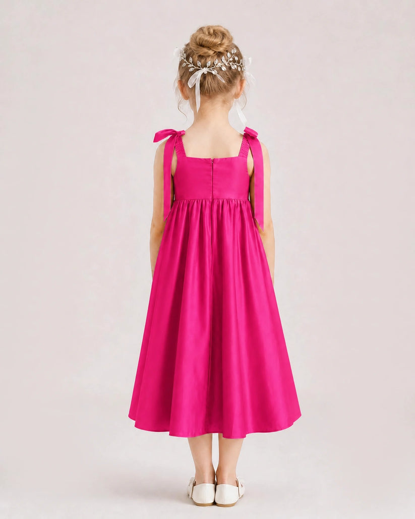 Hot Pink Satin A-line Girls Formal Dress Back View