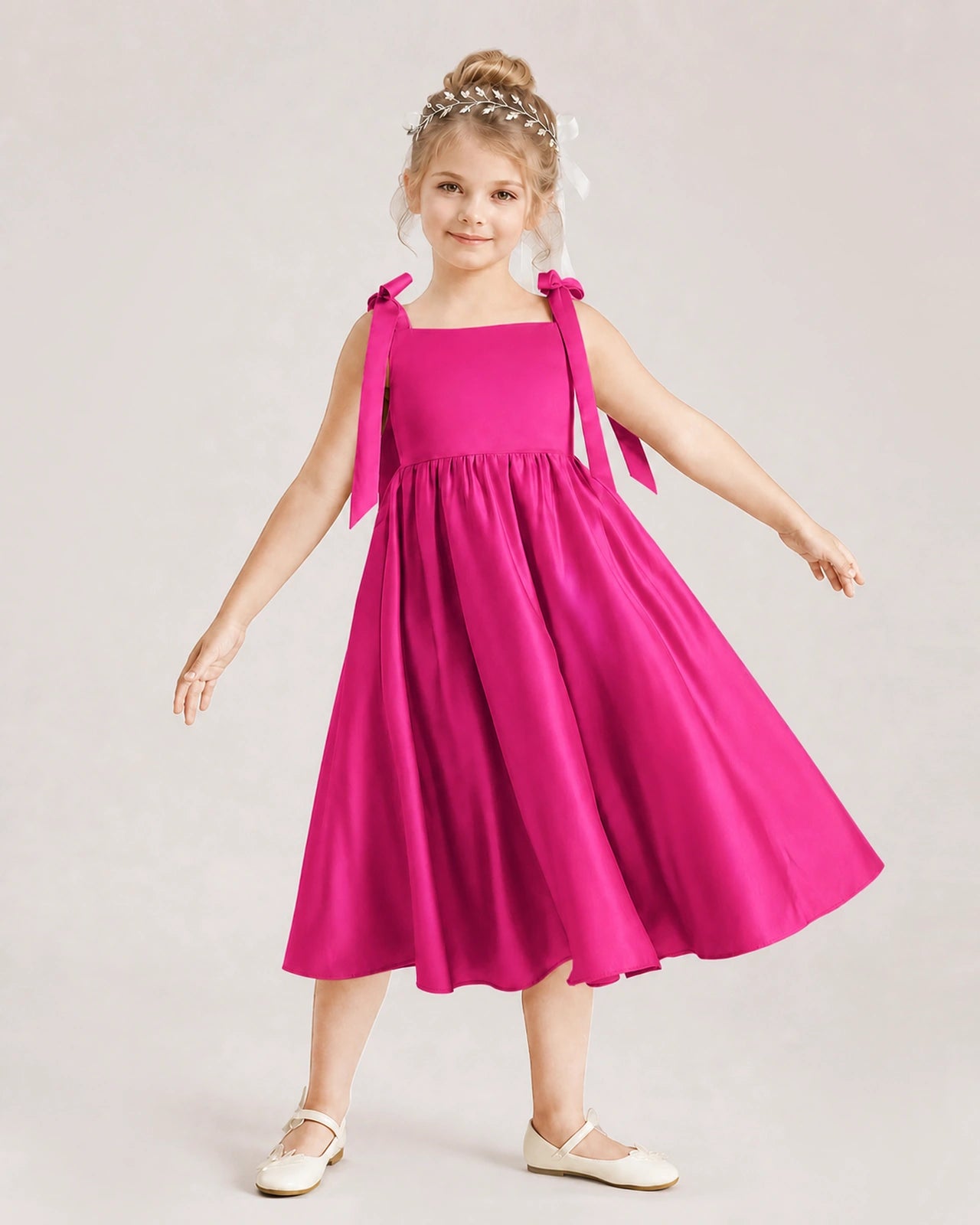Hot Pink Flower Girl Dress Satin Midi Spaghetti Strap Gown Front View