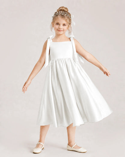 Ivory Flower Girl Dress Satin Midi Spaghetti Strap Gown Front View