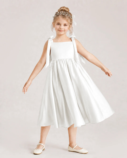 Ivory Satin A-line Girls Formal Dress Front View