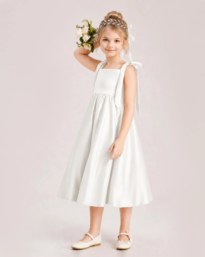 Ivory Satin A-line Girls Formal Dress Front View