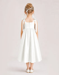 Ivory Flower Girl Dress Satin Midi Spaghetti Strap Gown Back View