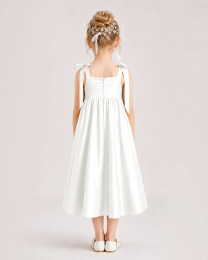 Ivory Flower Girl Dress Satin Midi Spaghetti Strap Gown Back View