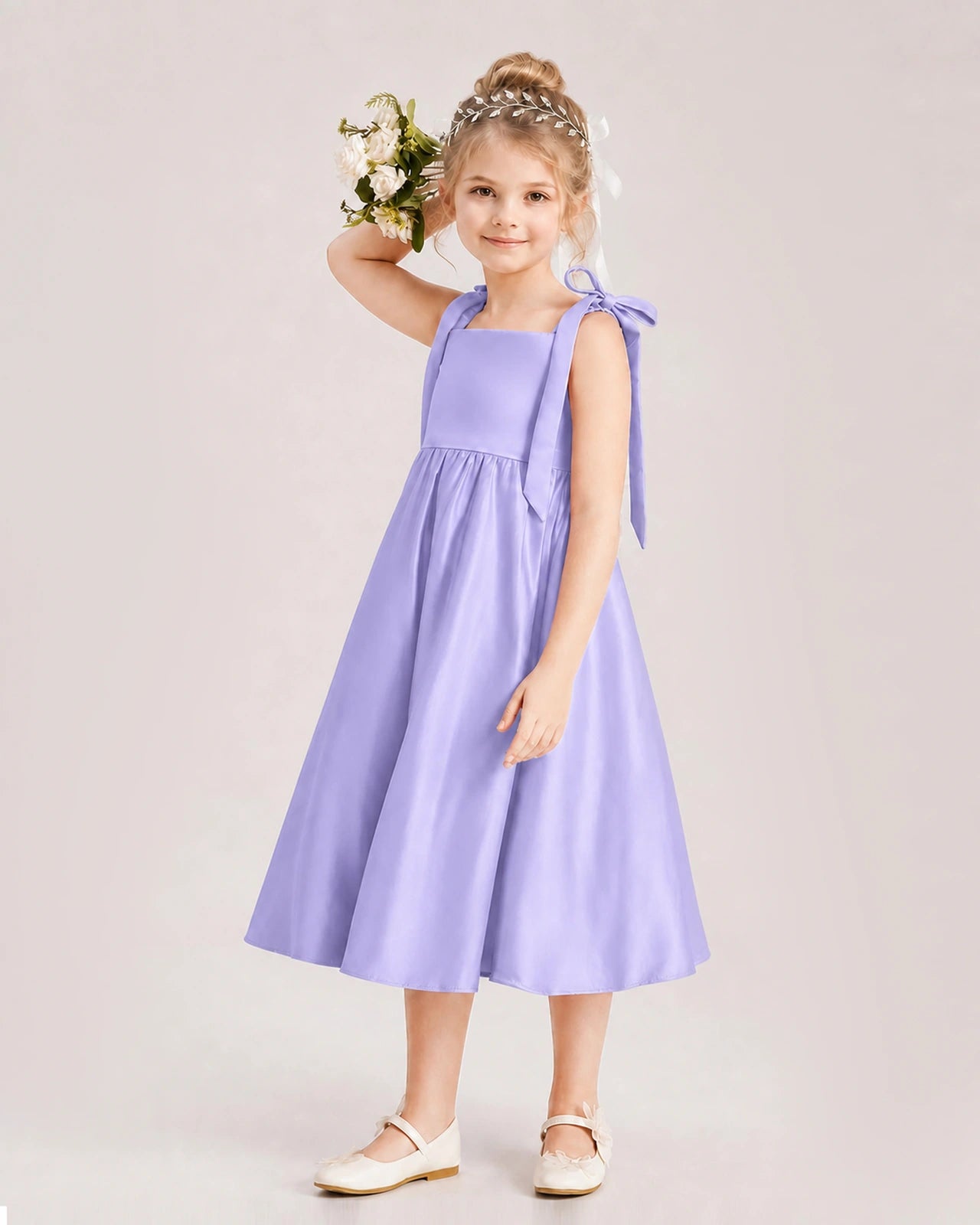Lavender Flower Girl Dress Satin Midi Spaghetti Strap Gown Side View