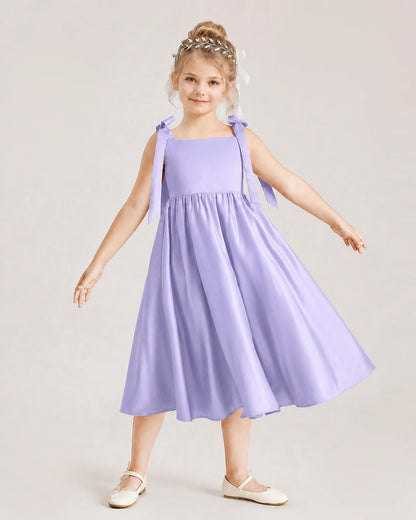 Lavender Flower Girl Dress Satin Midi Spaghetti Strap Gown Side View