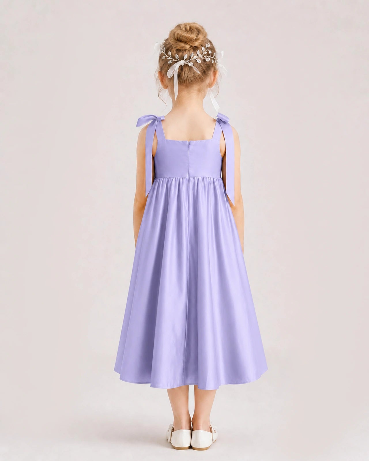 Lavender Flower Girl Dress Satin Midi Spaghetti Strap Gown Back View