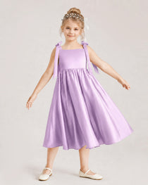 Lilac Flower Girl Dress Satin Midi Spaghetti Strap Gown Front View