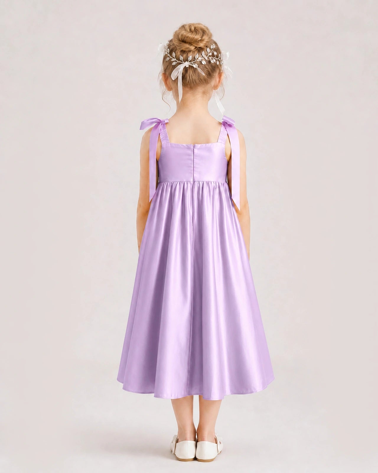 Lilac Flower Girl Dress Satin Midi Spaghetti Strap Gown Back View