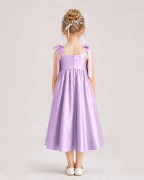 Lilac Flower Girl Dress Satin Midi Spaghetti Strap Gown Back View